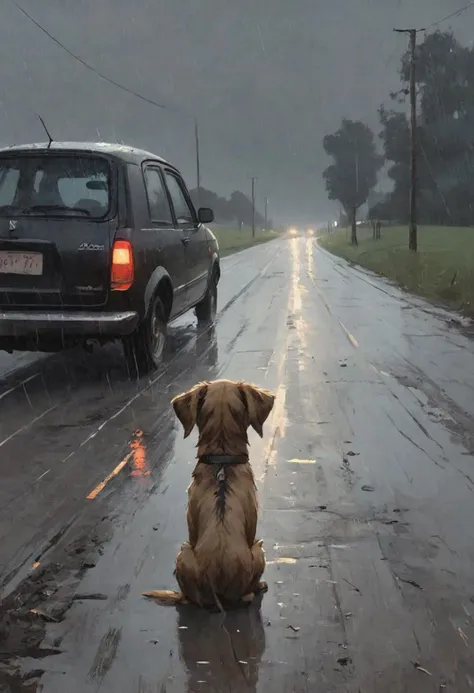close-up, The dog is sitting on the country road, back, (car leaving in the distance:1.1), car, rain, (thunderstorm:0.8),
(in Nicola Samori style:1.2), (oil painting:0.1), dark theme,
<lora:add-detail-xl:1> <lora:ClassipeintXL1.9:0.5> <lora:NicolaSamori:1>, (best quality, 8K, high resolution, extreme detail, outstanding composition:1.4),