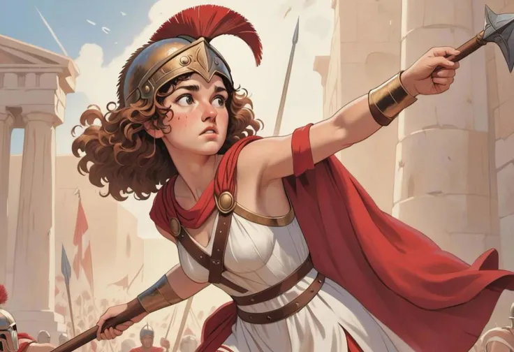 a woman in a gladiator helmet, a hooked nose, curly brown hair,a red robe, a white Greek dress, holding a spear