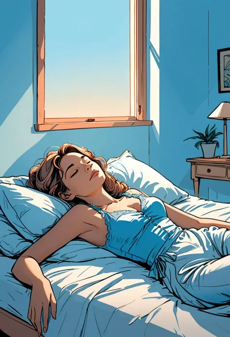 sunday morning, warm venetian shadows, summer, a woman laying in bed, sensual, seductive, peaceful place , closed eyes, daily life, graphic novel illustration, comics, laced hatching, sketch, low lighting, pale blue gradient, warm gradient, subtle outline