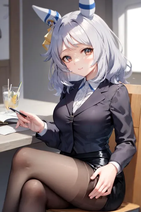 masterpiece, best quality,
hishi miracle \(umamusume\),
indoors, sitting, crossed legs, looking at viewer, 
formal, black suit, id card, pencil skirt, black pantyhose, 
<lyco:hishi_miracle_loha:0.7>