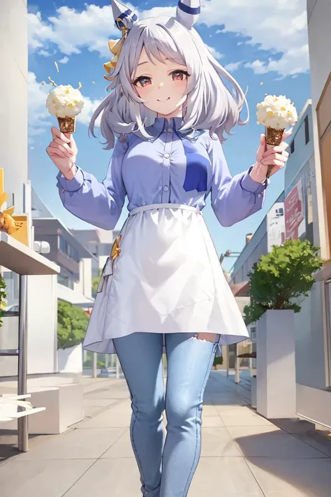 masterpiece, best quality,
hishi miracle \(umamusume\),
holding food, 
casual, ear covers, ear ornament, white dress, long sleeves, jeans, blue pants,
<lyco:hishi_miracle_loha:0.7>