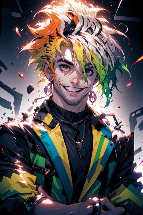 Niji Slime, looking at viewer, smile, blonde hair, shirt, 1boy, jewelry, jacket, upper body, male focus, multicolored hair, earrings, teeth, necklace, grin, black shirt, gradient hair, facial hair, scar, sharp teeth, stubble<lora:Niji_Slime:1>