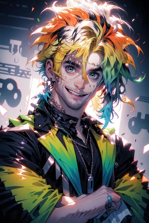 Niji Slime, looking at viewer, smile, blonde hair, shirt, 1boy, jewelry, jacket, upper body, male focus, multicolored hair, earrings, teeth, necklace, grin, black shirt, gradient hair, facial hair, scar, sharp teeth, stubble<lora:Niji_Slime:1>