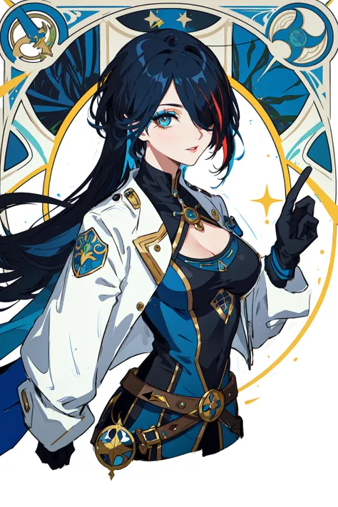 Tarot Card, tarot card style, 1girl, solo, cable, black hair, multicolored hair, open hands, jacket, gloves, streaked hair, breasts, looking at viewer, black gloves, official alternate costume, blue hair, bodysuit, hair over one eye, smile, black lips, makeup, one eye covered, open hand, medium breasts, cropped jacket, upper body, eyeshadow ,art nouveau, art by alphonse mucha <lora:Tarot Card Style:1>