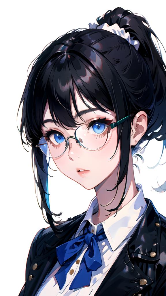Anime girl with black hair and glasses wearing a blue bow - SeaArt AI