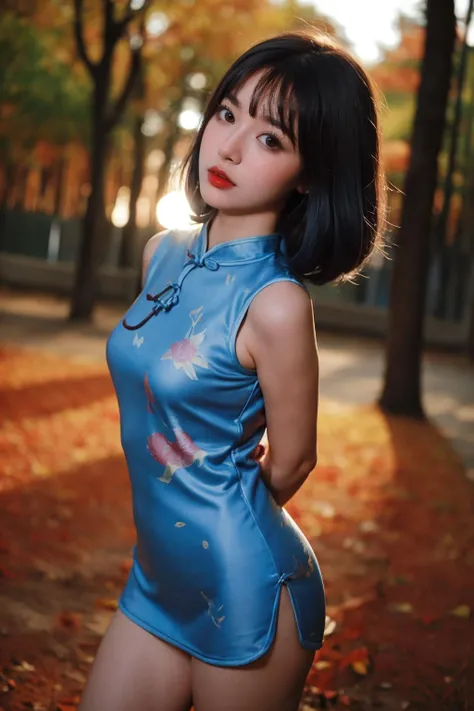 1girl,pale_skin,plump,round face,black hair,bangs,makeup,(sexy cheongsam print:1.3),(looking_at_viewer:1.3),(front view:1.3),(cowboy_shot:1.4),(arms_behind_back:1.3),(artbook:1.2),(autumn maple forest:1.3),(very few fallen leaves),(path),park,close-up,depth of field,(face_focus:1.2),(lens_flare:1.2),