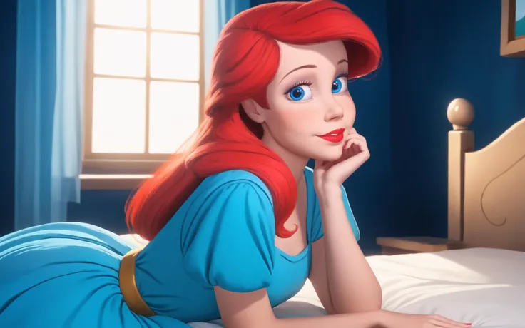 score_9, score_8_up, score_7_up, score_6_up, score_5_up, score_4_up, a photograph, realistic, 1girl, source_cartoon, disney, <lora:Ariel:0.9>, ar_el, fair skin, red lips, red hair, <lora:2.5DRealisticV2:0.8>, female, castle bedroom, alone, solo, wearing blue dress, on bed, fully clothed, looking at viewer seductively, large aqua-blue eyes, perfect eyes, rating: questionable, rating: explicit, clear image, HD image, exquisite detail, brilliant color schemes, shaded perfectly, cinematic, 4k, Ultra HD 32k