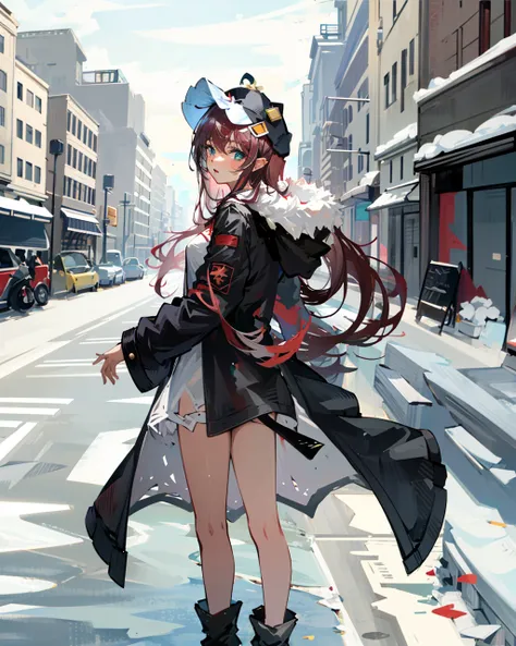 1girl,long hair,red hair,<lora:surcoufSummer-000008:1>,street,outdoors,black coat, fur trim, mob cap,