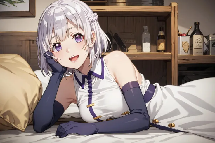 best quality, masterpiece, highly detailed,
<lora:chara_IsekaiNonbiriNouka_Hakuren_v2:0.8>, hakuren,
solo, light smile, open mouth,
grey hair, short hair, braid, purple eyes,
white dress, collar, bare shoulders, elbow gloves, medium breasts, purple gloves,
lying, on side, hand on own face, looking at the viewer,
indoors, bed