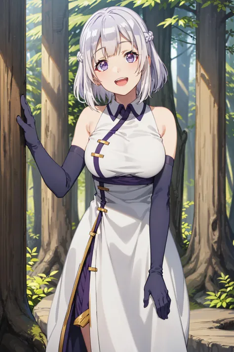 best quality, masterpiece, highly detailed,
<lora:chara_IsekaiNonbiriNouka_Hakuren_v2:0.8>, hakuren,
solo, light smile, open mouth,
grey hair, short hair, braid, purple eyes,
white dress, collar, bare shoulders, elbow gloves, medium breasts, floating clothes, purple gloves,
standing, head tilt, looking at the viewer,
forest