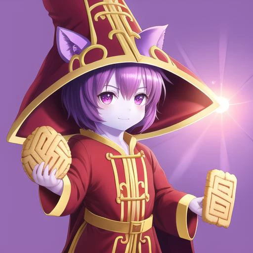 <lora:luluFromLeagueOf_luluV1:1.1>, purple skin, (animal ears:1.1), midget, activated, biscuit time, big hat, red robe