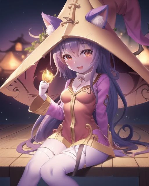 sitting at a table, <lora:luluFromLeagueOf_luluV1:1>, lulu \(league of legends\), lulu, hat, (extremely detailed CG unity 8k wallpaper), full shot body photo of the most beautiful artwork in the world, High Detail, Sharp focus, dramatic, photorealistic painting art by midjourney, colored skin, purple skin, animal ears