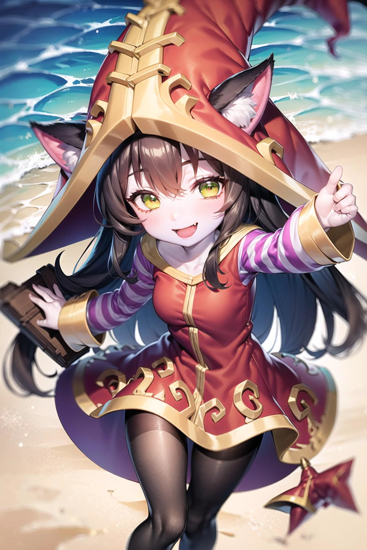 <lora:lulu-000032:1> beach, lulu (league of legends), 1girl, animal ears, black pantyhose, blush, boots, colored skin, dress, fang, full body, green eyes, happy, hat, league of legends, long sleeves, open mouth, pantyhose, purple hair, purple skin, smile, solo, striped, witch hat, yordle