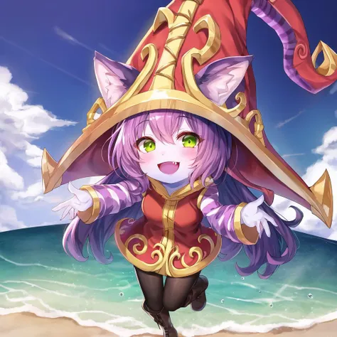 beach, lulu (league of legends), 1girl, animal ears, black pantyhose, blush, boots, colored skin, dress, fang, full body, green eyes, happy, hat, league of legends, long sleeves, open mouth, pantyhose, purple hair, purple skin, smile, solo, striped, witch hat, yordle <lora:lulu-000032:1>