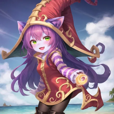 beach, lulu (league of legends), 1girl, animal ears, black pantyhose, blush, boots, colored skin, dress, fang, full body, green eyes, happy, hat, league of legends, long sleeves, open mouth, pantyhose, purple hair, purple skin, smile, solo, striped, witch hat, yordle <lora:lulu-000032:1>