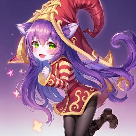 beach, lulu (league of legends), 1girl, animal ears, black pantyhose, blush, boots, colored skin, dress, fang, full body, green eyes, happy, hat, league of legends, long sleeves, open mouth, pantyhose, purple hair, purple skin, smile, solo, striped, witch hat, yordle <lora:lulu-000032:1>