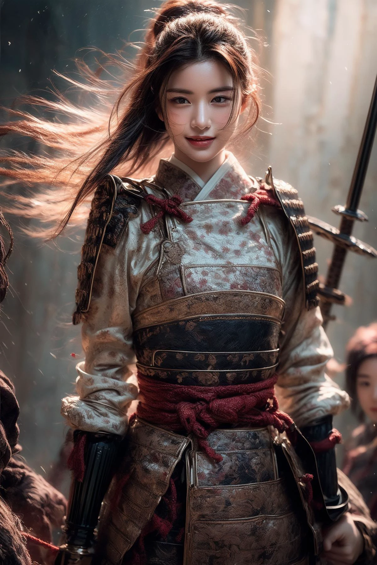 (8k), (best quality), (masterpiece:1.2), (realistic), (photorealistic:1.37), (intricate details), (HDR), (intricate details), (hyper detailed), (natural skin texture), (hyperrealism), (soft light), (sharp), (octane render), (detailed background), (35mm photography),crepuscular rays,front soft spot light,((Hasselblad photography)),
1girl, solo, meccog, full view shot, (full body:1.1),((medium hair floating:1.8)), brown hair, beautiful face, beautiful eyes, depth of field, motion lines, (medium breasts:1.5), (nose blush),(smile:0.5),white teeth, ((perfect female body, narrow waist)),
Beautiful 18 yo girl, (perfect body:1.2), slim long leg, sex, nsfw,
blushed face, ((detailed outfit)), outdoors, naughty face, (realistic:1.0), detailed skin texture, detailed cloth texture, intricate details,
<lora:more_details:1> <lora:Samurai_20240302035502:1>