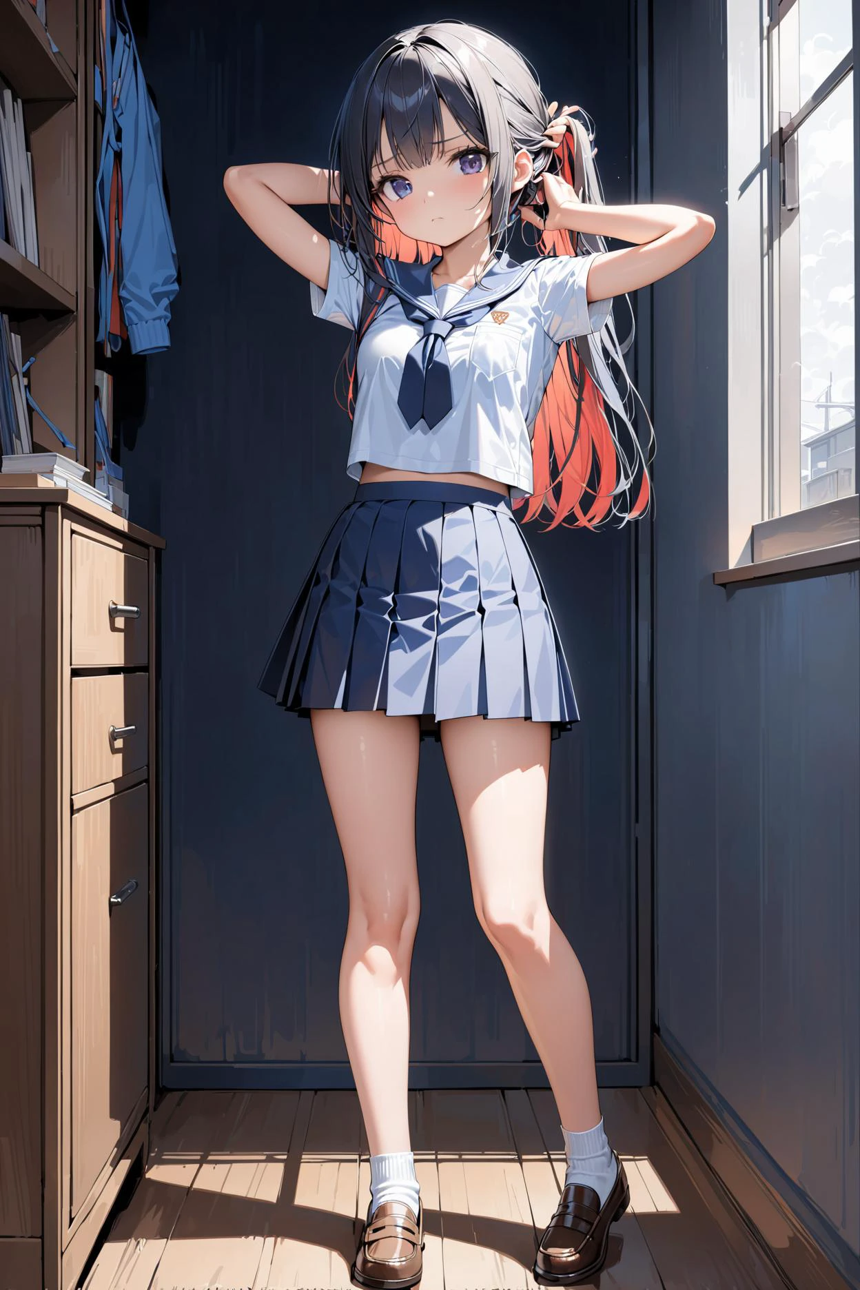 masterpiece, best quality, high quality, highres, ultra-detailed, 1girl, solo, (petite1.2), medium breasts, colored inner hair, (full body:1.2), school uniform, closed mouth, tying hair, looking at viewer, light frown, implied pantyshot,