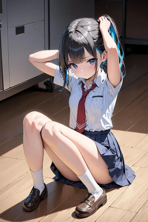 masterpiece, best quality, high quality, highres, ultra-detailed, 1girl, solo, (petite1.2), medium breasts, colored inner hair, (full body:1.2), school uniform, closed mouth, tying hair, looking at viewer, light frown, implied pantyshot,