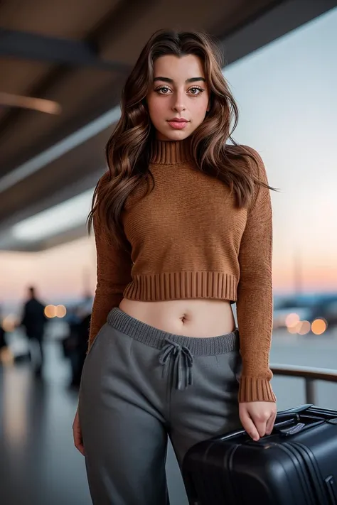 photo of beautiful (Slay34sM4rt1nz01:0.99), a woman as a TikTok celebrity, freckles, knitted sweater, (long trousers), at the airport, suitcase, dark moody ambience (masterpiece:1.2) (photorealistic:1.2) (bokeh) (best quality) (detailed skin:1.2) (intricate details) (nighttime) (8k) (HDR) (cinematic lighting) (sharp focus), (looking at the camera:1.1), (closeup portrait:1.1)