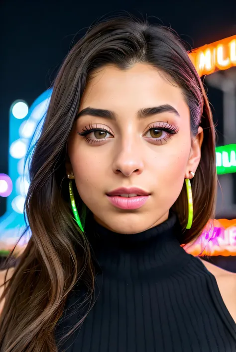 ((Selfie:1.1)), best quality (raw:1.1) photo of (Slay34sM4rt1nz01:0.99), ((club makeup:1.2)), a woman as a model, modelshoot style, (extremely detailed 8k wallpaper), photo of the most beautiful photograph in the world, Intricate, High Detail, Sharp focus, dramatic, (at night:1.2), (dimly lit), (neon lights:1.2), (carnival:1.1), (makeup:1.1), ((ferris wheel in background)), ((turtle neck dress:1.2)), (looking at viewer:1.3), (detailed pupils:1.3), (modern outfit:1.2), (closeup), (earrings), <lora:LowRa_2:0.4>