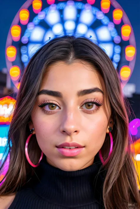 ((Selfie:1.1)), best quality (raw:1.1) photo of (Slay34sM4rt1nz01:0.99), ((club makeup:1.2)), a woman as a model, modelshoot style, (extremely detailed 8k wallpaper), photo of the most beautiful photograph in the world, Intricate, High Detail, Sharp focus, dramatic, (at night:1.2), (dimly lit), (neon lights:1.2), (carnival:1.1), (makeup:1.1), ((ferris wheel in background)), ((turtle neck dress:1.2)), (looking at viewer:1.3), (detailed pupils:1.3), (modern outfit:1.2), (closeup), (earrings), <lora:LowRa_2:0.4>