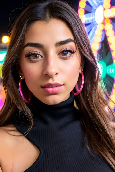 ((Selfie:1.1)), best quality (raw:1.1) photo of (Slay34sM4rt1nz01:0.99), ((club makeup:1.2)), a woman as a model, modelshoot style, (extremely detailed 8k wallpaper), photo of the most beautiful photograph in the world, Intricate, High Detail, Sharp focus, dramatic, (at night:1.2), (dimly lit), (neon lights:1.2), (carnival:1.1), (makeup:1.1), ((ferris wheel in background)), ((turtle neck dress:1.2)), (looking at viewer:1.3), (detailed pupils:1.3), (modern outfit:1.2), (closeup), (earrings), <lora:LowRa_2:0.4>
