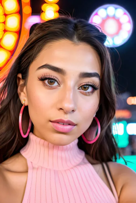 ((Selfie:1.1)), best quality (raw:1.1) photo of (Slay34sM4rt1nz01:0.99), ((club makeup:1.2)), a woman as a model, modelshoot style, (extremely detailed 8k wallpaper), photo of the most beautiful photograph in the world, Intricate, High Detail, Sharp focus, dramatic, (at night:1.2), (dimly lit), (neon lights:1.2), (carnival:1.1), (makeup:1.1), ((ferris wheel in background)), ((turtle neck dress:1.2)), (looking at viewer:1.3), (detailed pupils:1.3), (modern outfit:1.2), (closeup), (earrings), <lora:LowRa_2:0.4>