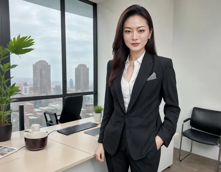 raw photo ,Create a sophisticated and powerful image of a high-ranking female executive in a multinational corporation. She's seated at her sleek, modern desk, one leg elegantly crossed over the other, a lit cigarette in hand. Her face reflects a mixture of determination and contemplation as she gazes at the computer screen, perhaps reviewing a critical business report or making a strategic decision. She's dressed in a tailored business suit, her accessories and surroundings reflecting her status and success. The office is tastefully decorated with art, awards, and a view of the city skyline through floor-to-ceiling windows. The lighting is soft but focused, highlighting her face and the smoke from the cigarette, adding to the ambiance of power and control,<lora:bakikoba:0.65>