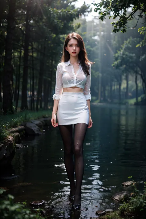 (looking at viewer, detailed background, outdoor, depth of field, forest),<lora:ForestBackground_v1:0.8>,<lora:epi_noiseoffset2_v2:1>,1girl,white shirt,pencil skirt,black pantyhose,stiletto heels,open shirt,(large breasts:1.2),(skirt lift:1.2),white panties,<lora:GoodHands-beta2:1>,black lace bra,transparent shirt,full body,<lora:zoom_slider_v1:-2>,(wide shot:1.2),upper body exposed,(wet shirt),(wet hair),(standing in the middle of the water),
female focus,(wet skirt),(wet pantyhose),, Hires, sunlight, backlight, ((Cinematic Light, Ray tracing)), (masterpiece),((ultra-detailed)), (highly detailed CG illustration), (best quality:1.3),(1girl:1.2),High quality texture, intricate details, detailed texture, High quality shadow, a realistic representation of the face, Detailed beautiful delicate face, Detailed beautiful delicate eyes, brown eye pupil, a face of perfect proportion, Depth of field, perspective,20s, glossy lips, perfect body, medium breast, distinct_image, solo focus, (brown hair), (((perma straight hair style))), (finely detailed beautiful eyes and detailed face), light source contrast, ((medium hair)), 21 years old,