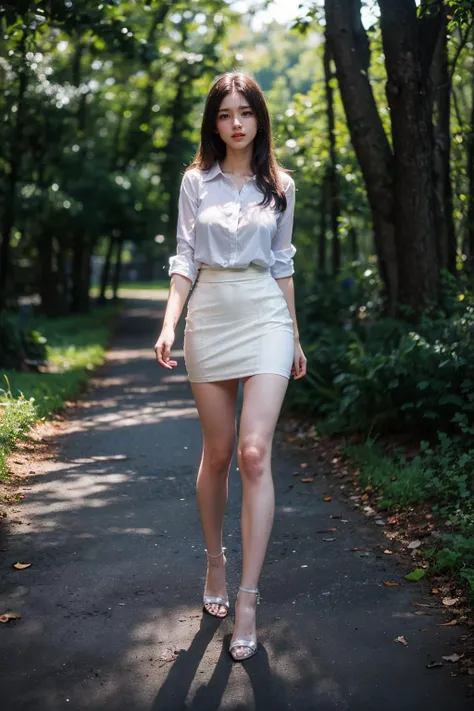(looking at viewer, detailed background, outdoor, depth of field, forest),<lora:ForestBackground_v1:0.8>,<lora:epi_noiseoffset2_v2:1>,1girl,white shirt,pencil skirt,black pantyhose,stiletto heels,open shirt,(large breasts:1.2),(skirt lift:1.2),white panties,<lora:GoodHands-beta2:1>,black lace bra,transparent shirt,full body,<lora:zoom_slider_v1:-2>,(wide shot:1.2),, Hires, sunlight, backlight, ((Cinematic Light, Ray tracing)), (masterpiece),((ultra-detailed)), (highly detailed CG illustration), (best quality:1.3),(1girl:1.2),High quality texture, intricate details, detailed texture, High quality shadow, a realistic representation of the face, Detailed beautiful delicate face, Detailed beautiful delicate eyes, brown eye pupil, a face of perfect proportion, Depth of field, perspective,20s, glossy lips, perfect body, medium breast, distinct_image, solo focus, (brown hair), (((perma straight hair style))), (finely detailed beautiful eyes and detailed face), light source contrast, ((medium hair)), 21 years old,