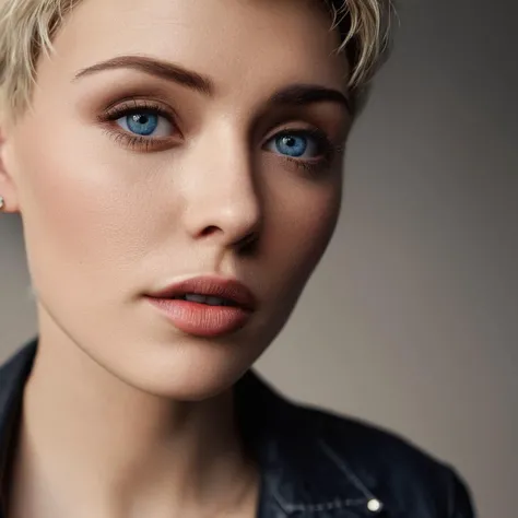 cinematic film still of  <lora:perfection style:0.9> wrinkles:1
A perfect photo of a woman with a short blond haircut and a black shirt,1girl,solo,looking at viewer,short hair,blue eyes,blonde hair,shirt,jewelry,jacket,earrings,parted lips,teeth,mole,lips,black shirt,portrait,realistic,nose,denim jacket , detailed face, detailed body, detailed hands, detailed eyes, detailed nose, detailed ears, detailed hair, detailed, perfection, detailed teeth, detailed skin texture, wrinkly, detailed fingers, detailed mouth, beauty, realism, real, detailed hair, detailed pores, detailed background, sharp image, detailed lips, different race, different color, different haircut, different skin tone, different, different people, different pose, perfection style, shallow depth of field, vignette, highly detailed, high budget, bokeh, cinemascope, moody, epic, gorgeous, film grain, grainy