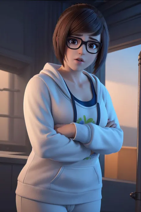 realistic, realism, photorealism, photo-realistic, high contrast, (photorealistic:1.4), 8k high definition detailed realistic,  (best quality, masterpiece:1.2),  photon mapping, radiosity, physically-based rendering, best quality, highly detailed, 1girl, owmei, fat, hoodie, ((upper body)), pajamas,