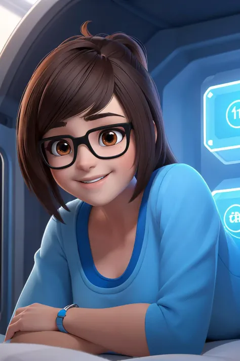 mei, glasses, fat,wearing pajamas, looking at viewer, smiling, 
inside a futuristic cryotube, extreme detail, masterpiece, beautiful quality,  <lora:meiv1:.6>