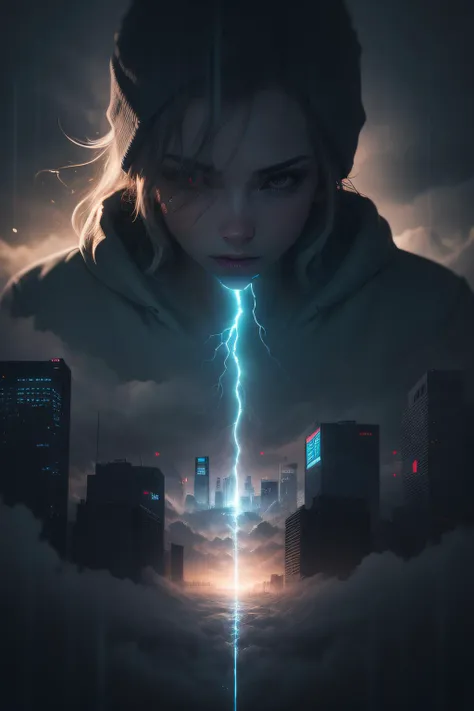 cyberpunk [foggy cityscape in the distance : very pretty girl, city:0.63] immersed in a giant flow of wind, living in a thunder cloud, behind the cloud, (double exposure:1.3), photo by Brandon Woelfelmist, surreal dream, gray atmosphere, rainy day, dynamic, lut, hdr   slpashter_2