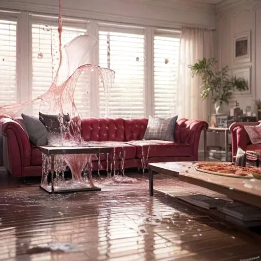 (art by SLPASHTER_3-7000:1.2), ((best quality)), ((masterpiece)), ((realistic)), (detailed), (pizza party) on (vintage pink velour sofa), white walls, daytime, soft light through blinds, particles, unreal 5, detailed, volumetric lighting, concept art, michelangelo, cinematic, 3 5 mm lens, 4 k