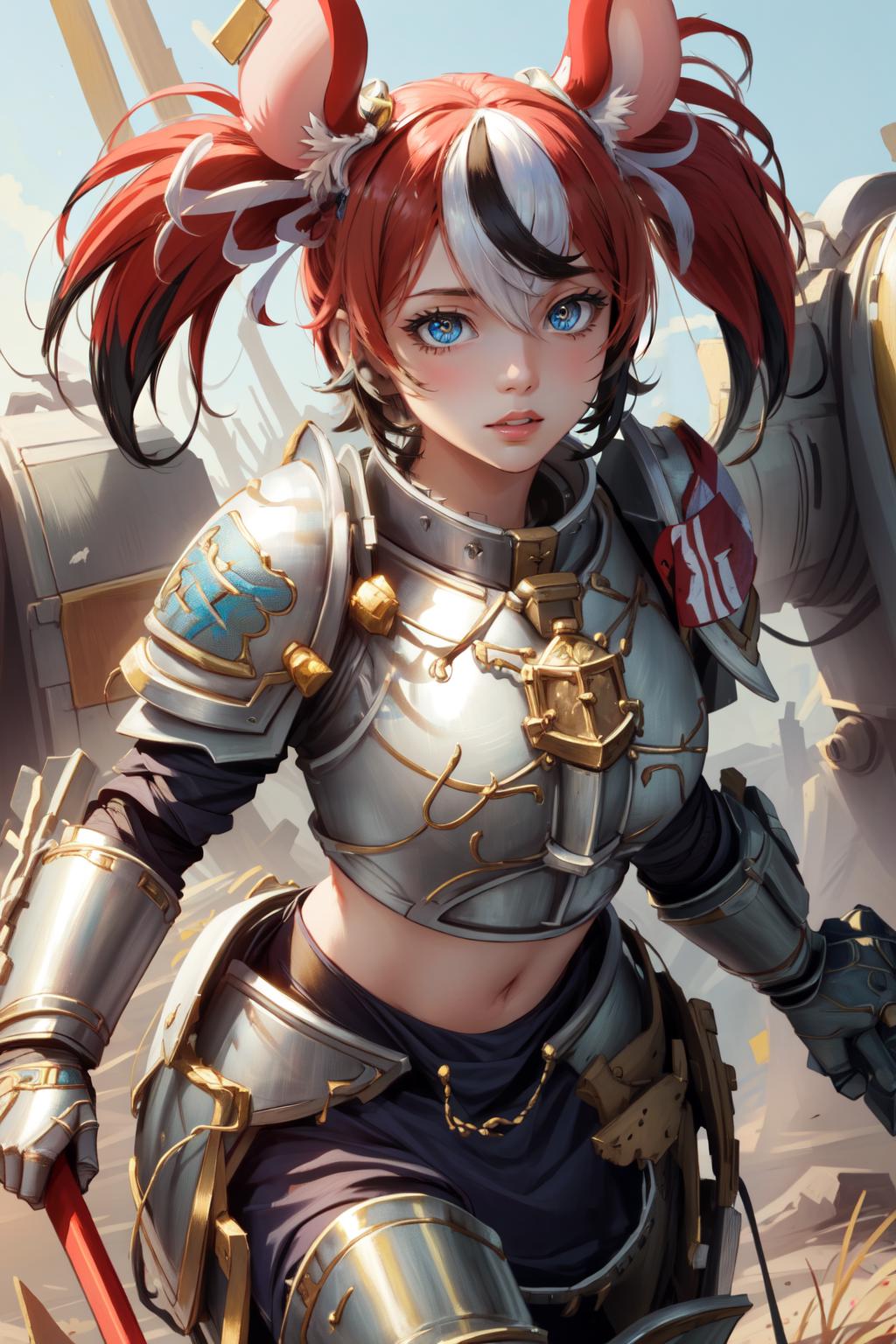 A woman in armor with a sword and a helmet on - SeaArt AI