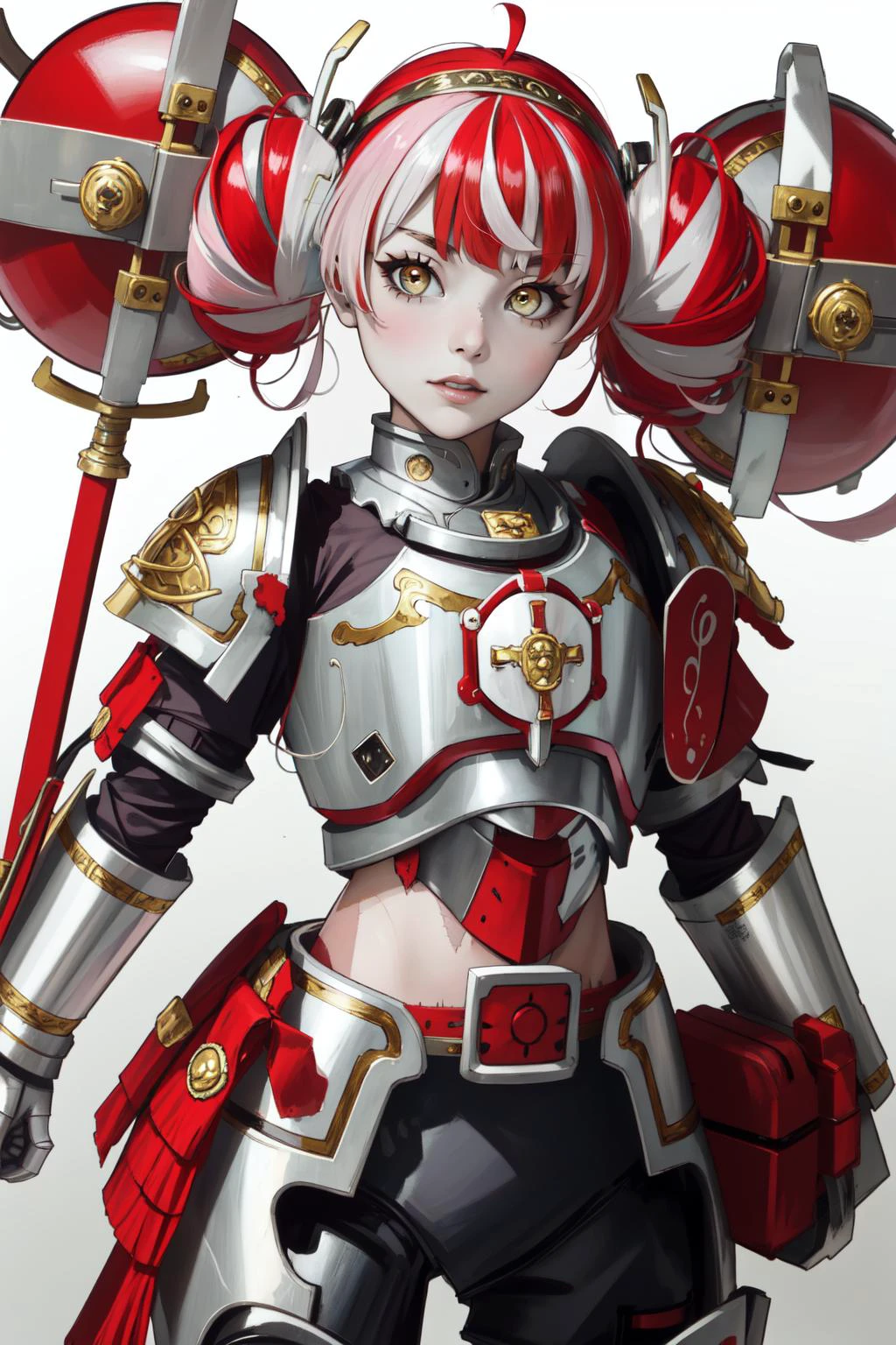(masterpiece, best quality), intricate details,
1girl, <lora:Ollie:0.8> Ollie, multicolored hair, multicolored eyes, zombie_skin, twintails,
<lora:GKT:0.8> GKT, armor, power armor, breastplate, pauldrons, greaves, gauntlets,