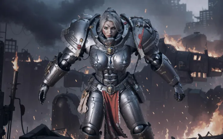 ((best quality)), ((masterpiece)), (detailed, extremely detailed), ((realistic)), sister of battle leading an army, army:1.3, in the middle of combat, ((adepta sororitas)), sisters of battle, leading an attack, (damaged city background, burning city, battlefield, destroyed city),  armor damage, broken armor, white hair,  scarred face, (extreme detailed pattern),  dirty armor, female, warhammer, warhammer 40k, (night setting, dark sky), (((futuristic background, futuristic setting, sci-fi background))), ((((huge titan in background)))), (((huge robot in background))), rampage, carnage, (futuristic armor, cybernetic parts),  explosion:1.3, <lora:more_details:0.3>,  full body, legs, ((((scarred body, scars:2, burn marks)))), (((bleeding))),  <lora:edgWar40KAdeptaSororitas:0.8> edgAdepta, ,wearing edgAdepta,power armor,shoulder armor,skull emblem, terminator armor,  <lora:Grey_knight:0.6> GKT