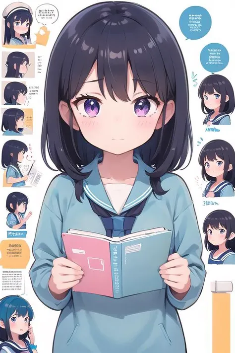 masterpiece, best quality,ultra detail,4k, <lora:GoodHands-vanilla:0.6>girl,sailor uniform ,comic,koma,comic strip,cartoon split,exceptional,storyboard,school,classroom,notebook,blush,book cover,upper body,extremely detailed eyes and face,sharp focus,physically-based rendering,professional,flare, vibrant colors,color grading, atmospheric lighting <lora:Wandamoji:0.7>emoji,speech bubble,text,expressions