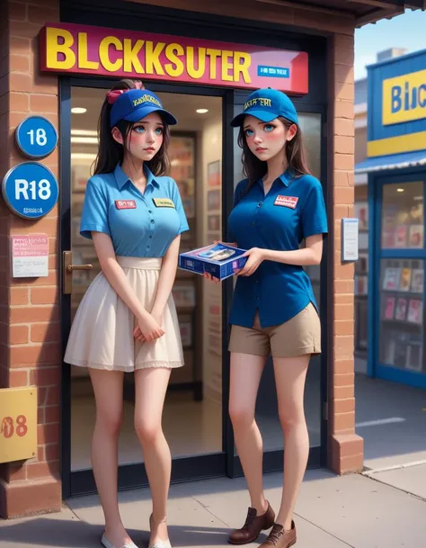 score_9, score_8_up, score_7_up, best quality, masterpiece,realistic eye, realistic background, Detailed Background,cute,petite,ultrarealistic,
<lora:girl_like_blockbuster:0.8> ((blockbuster)), ((2girls)), score_9, score_8_up, score_7_up, solo, 1girl in short dress, blue cap, blue polo shirt, pants, look at each other, indoor, counter, storefront, glass door, parted lips, different colors hair, big breasts, ribbon, sweat, shy, blush,