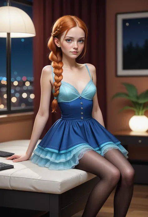 score_9, score_8_up, score_7_up, 1girl, portrait,apartment, night, bokeh, depth of field, cute, petite,freckles, ginger hair ,
lattice braid hairstyle  ,
wearing Embroidered lace blouse with a sheer yoke and scalloped edges , Ball Gown Skirt , seamed pantyhose and wraparound heels  ,
breasts,sitting,ultrarealistic