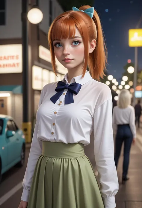 score_9, score_8_up, score_7_up, 1girl, portrait,apartment, night, bokeh, depth of field, platinum blonde hair, ponytail, bangs, cute, petite,freckles, ginger hair ,
v-cut ,
wearing Bow-neck satin blouse with a deep V-neckline and long sleeves , A-Line Skirt , sheer-to-waist pantyhose and platform heels ,
breasts,,ultrarealistic