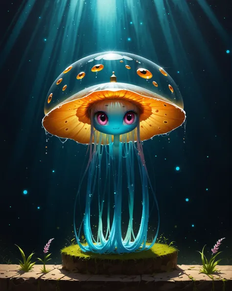 surreal and artistic composition where a woman appears to be underwater, with a translucent jellyfish-like shape enveloping her head as if it were a cap or a crown. The woman is shown in profile, gazing to the side with a serene or contemplative expression. Her shoulders are bare, suggesting she might be nude, and one arm is raised to touch her shoulder, adding to the elegance of her pose. The backdrop is dark and murky, with small particles floating around, resembling the depths of the ocean. The overall tone is dreamy and ethereal, with a mysterious quality that blurs the lines between human and aquatic life, (raw,score_8_up),photo, raw,realistic