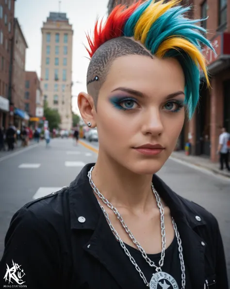 punk outfit, colored Mohawk hair, chain necklace, atmospheric, cinematic, high detail, masterpiece,, (raw,score_8_up),photo, raw,realistic