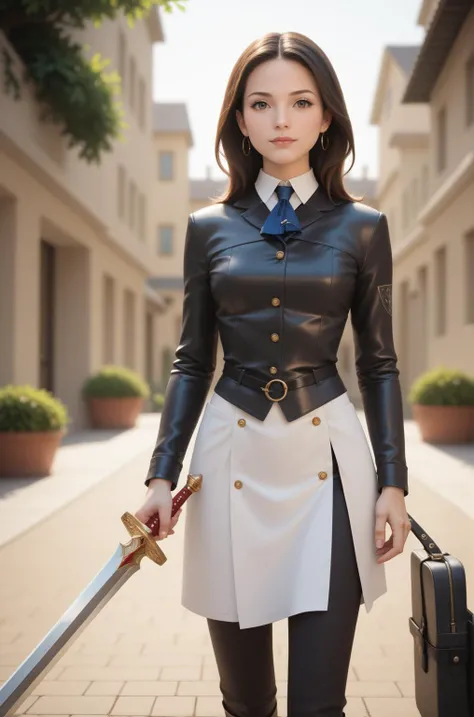 breathtaking female warrior in leather armor holding a sword, standing on a hill . award-winning, professional, highly detailed, score_9, score_8_up, score_7_up, ultrarealistic, source_anime,