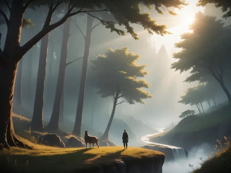 one tree on a hill in the fog surrounded by animals, god-rays, serene, mystical, high detail, score_9, score_8_up, score_7_up, score_6_up, score_5_up, score_4_up, source_anime, ultrarealistic