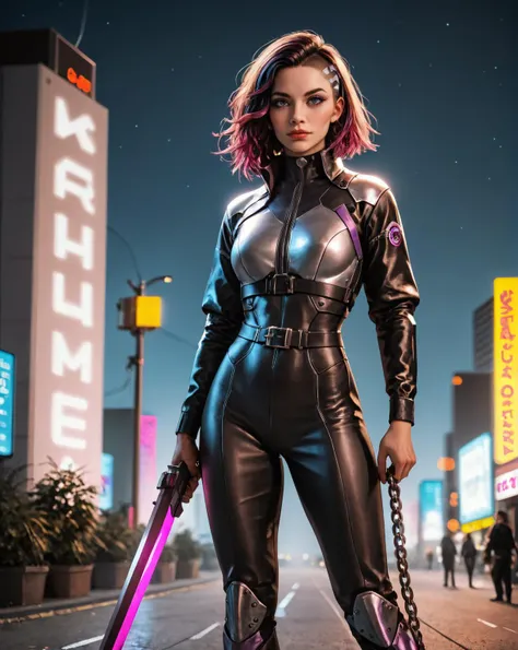 cinematic photo neonpunk style realistic photograph of cyberpunk warrior nun, holding a plasma sword, chain mail armor with leather padding, cyber implants. standing in a city street . cyberpunk, vaporwave, neon, vibes, vibrant, stunningly beautiful, crisp, detailed, sleek, ultramodern, magenta highlights, dark purple shadows, high contrast, cinematic, ultra detailed, intricate, professional , 35mm photograph, film, bokeh, professional, 4k, highly detailed  <lora:Zoe_Pony_1:0.75> z03c, score_9, score_8_up, score_7_up, score_6_up, score_5_up, score_4_up, source_anime, ultrarealistic