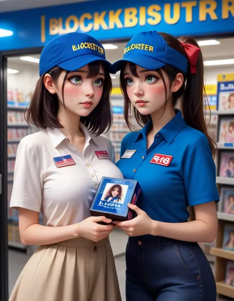 score_9, score_8_up, score_7_up, best quality, masterpiece,realistic eye, realistic background, Detailed Background,cute,petite,ultrarealistic,
 <lora:girl_like_blockbuster:0.8> ((blockbuster)), ((2girls)), score_9, score_8_up, score_7_up, solo, 1girl in short dress, blue cap, blue polo shirt, pants, look at each other, indoor, counter, storefront, glass door, parted lips, different colors hair, big breasts, ribbon, sweat, shy, blush,