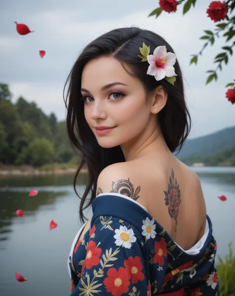 Japanese teenage girl, floral kimono, exposed shoulders, from behind, beautiful face, thick eyelashes, glossy eyes, black hair, cute smile, dark eyeshadow, shoulders tattoos, back tattoos, floral decoration in hair, falling petals, beautifully backlit, wideshot, lake background,, (raw,score_8_up),photo, raw,realistic